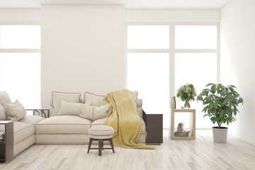 White living room with sofa. Scandinavian interior design. 3D illustration