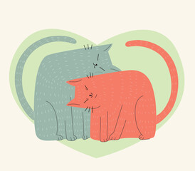Couple of cute cats in love. Vector hand drawn flat cartoon style illustration  for Valentine's day