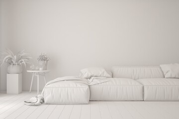 White minimalist living room with sofa. Scandinavian interior design. 3D illustration
