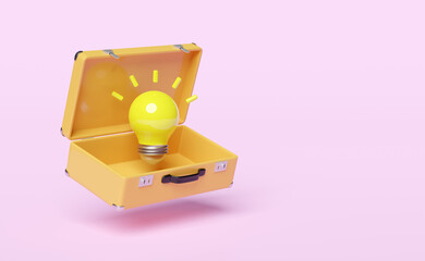 3d yellow open suitcase with light bulb isolated on pink background. summer travel, idea tip concept, minimal abstract, 3d render illustration