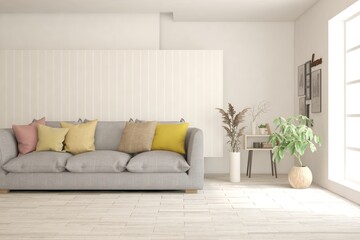 White living room with sofa. Scandinavian interior design. 3D illustration