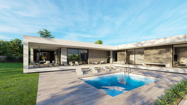 Design house - modern villa with open plan living and private bedroom wing. Large terrace with privacy thanks to the house, swimming pool. Small covered terrace for sauna and relaxation. 