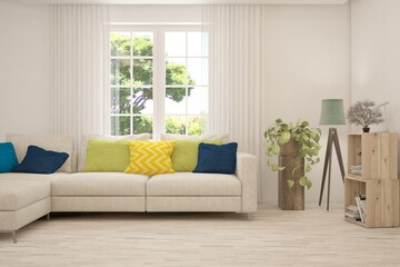 White living room with sofa and summer landscape in window. Scandinavian interior design. 3D illustration