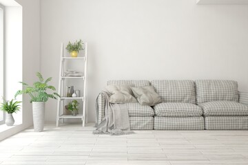 White living room with sofa. Scandinavian interior design. 3D illustration