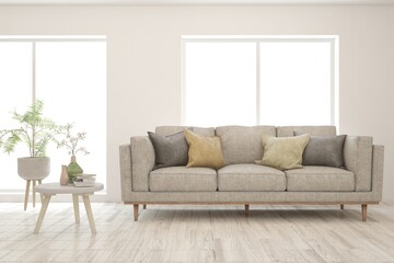 White living room with sofa. Scandinavian interior design. 3D illustration