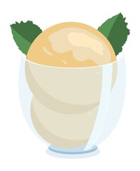 Two balls of vanilla ice cream with mint leaves in a glass, isolated on white background