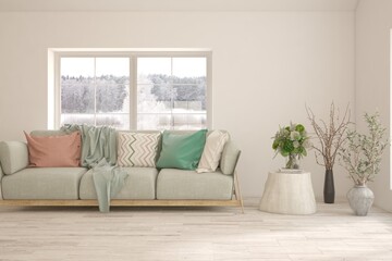 White living room with sofa and winter landscape in window. Scandinavian interior design. 3D illustration