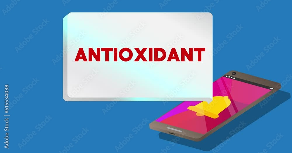 Poster antioxidant text on notification bubble from portable information device screen. mobile app message,