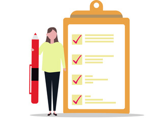 チェックリストと女性 アンケートに答える チェックボックス 埋める バインダー 人物 ベクターイラスト