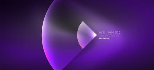 Shiny neon geometric abstract background. Glowing lights on round shapes, triangles and circles. Wallpaper for concept of AI technology, blockchain, communication, 5G, science, business