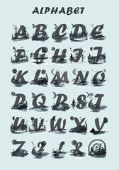 Watercolor English alphabet set, letters on black background of nature, forest, mountains, lake, sky. Poster, print for printing on dishes, on clothing, suitable for greeting cards, wedding invitation
