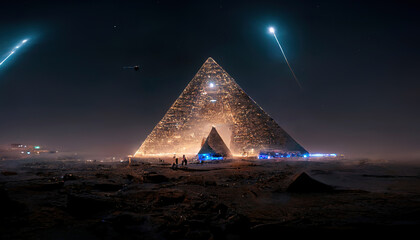 Night fantasy futuristic desert landscape with Egyptian pyramids. Night sky, rays of light, glare of the galaxy. Tunnel in the pyramid. 3D illustration. - obrazy, fototapety, plakaty