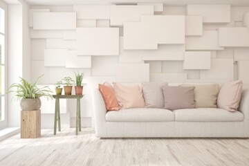 White living room with sofa. Scandinavian interior design. 3D illustration