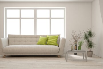 White living room with sofa. Scandinavian interior design. 3D illustration