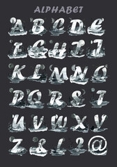 Watercolor English alphabet set, letters on black background of nature, forest, mountains, lake, sky. Poster, print for printing on dishes, on clothing, suitable for greeting cards, wedding invitation
