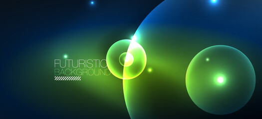 Abstract background with neon glowing light effects. Round shapes, triangles and circles. Wallpaper for concept of AI technology, blockchain, communication, 5G, science, business and technology