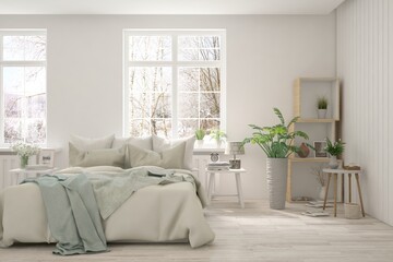 White bedroom interior. Scandinavian design. 3D illustration