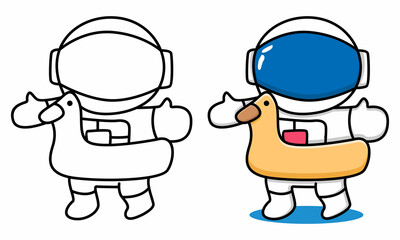 Cute astronaut with duck swimming tires coloring page for kids