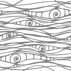 Vector abstract seamless pattern with waves and spirals. The repeating Whirlpool, Lines are like water. Drawn endless sea on a white background for printing on paper or fabric.