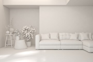 Mock up of stylish room in white color with sofa. Scandinavian interior design. 3D illustration