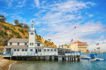 Bright blue skies over the Catalina Island Yacht Club and the Catalina Casino