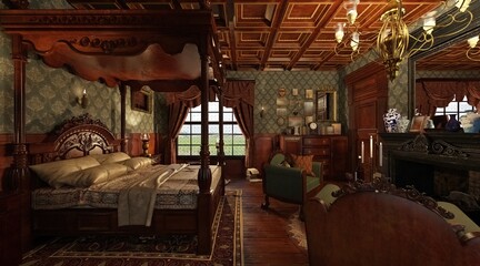 Victorian Bedroom interior 3d illustration