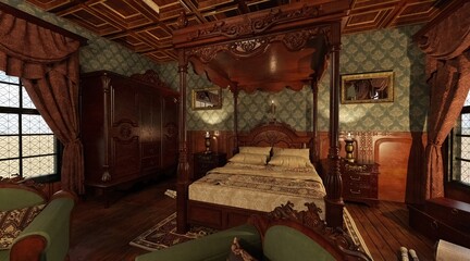 Victorian Bedroom interior 3d illustration