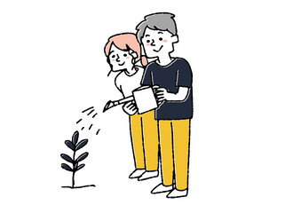 
木に水をやり育てる夫婦　貯蓄し資産を増やす　コミカルな手書きの人物　ベクター、温かみのある線画
