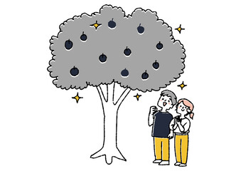 木に見が実り喜ぶ夫婦　貯蓄し資産を増やす　コミカルな手書きの人物　ベクター、温かみのある線画