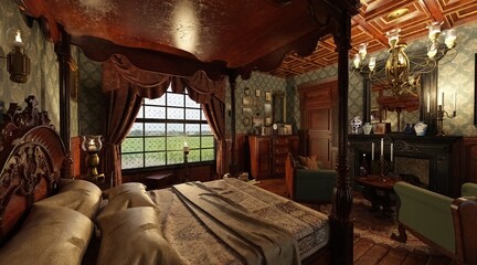 Fototapeta na wymiar Victorian Bedroom interior 3d illustration