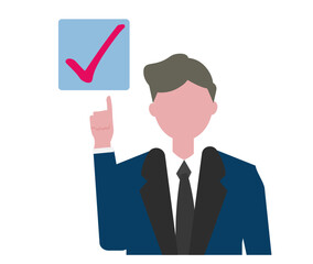 チェックマークと説明する男性 回答 アンケート ポイント指摘 ベクターイラスト