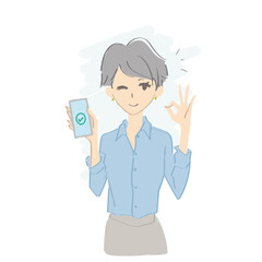 スマートフォンを持ってOKのサインをする女性　イラスト