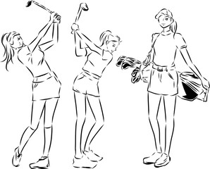 ゴルフをする女性　セット　線画