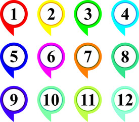 Marker points, information markers. Colorful markers with number from 1 to 15. Marker set on white background. Vector illustration.