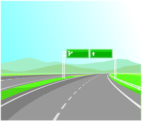 Road highway sign. Green board with arrow and road with marking. vector background