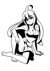 Cute sitting girl drawn in cartoon style she has big breasts, long blond hair on her t-shirt and skirt she is barefoot outline coloring with shadows