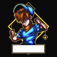 logo esport Boy spirit expression with boxing and hat. logo vector character Children for gaming. theme blue color costume character.