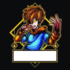 logo esport Boy angry expression with spirit punch. logo vector character boy for gaming. theme blue yellow jacket color costume character.
