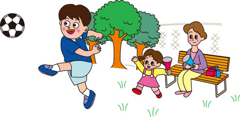 サッカーをベンチで応援する母と子
