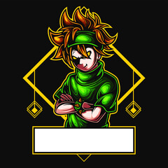 Mascot esport character logo gaming green tshirt costume ninja modern with headband. Logo gaming for team squad.logo vector character boy for gaming.