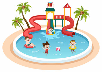 Obraz na płótnie Canvas Water Park with Swimming Pool, Amusement, Slide, Palm Trees and the Children are Swim for Recreation and Outdoor Playground in Flat Cartoon Illustration
