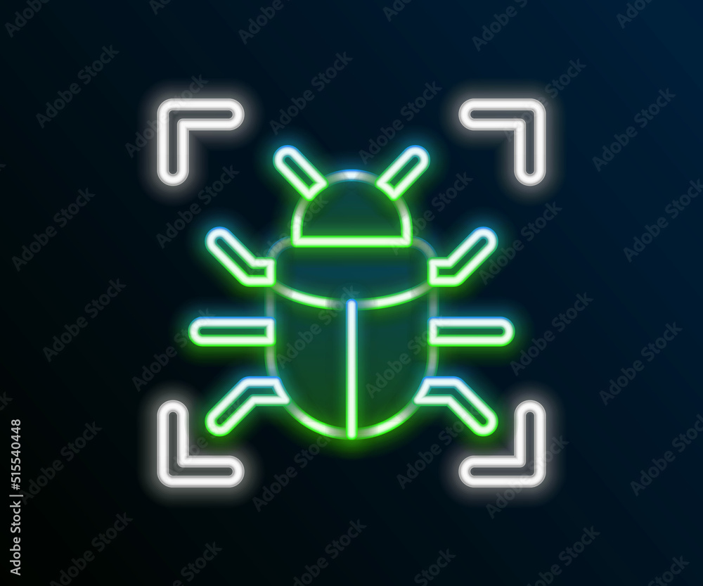 Sticker glowing neon line system bug concept icon isolated on black background. code bug concept. bug in the