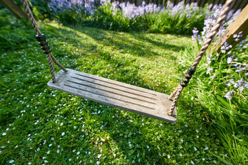 Closeup of a swing on a rope in a peaceful backyard garden in summer. Green lush grass foliage growing in a garden with lavender flowers blossoming and blooming. Old rustic wooden swing in a meadow