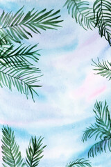 Fototapeta na wymiar an aesthetic hand painted watercolor of summer sky and tropical leaf background