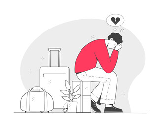 Marriage dissolution. Heartbroken alone sad young man sits with suitcase. Broken heart love breakups Despair Loneliness. Outline illustration