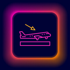 Glowing neon line Plane landing icon isolated on black background. Airplane transport symbol. Colorful outline concept. Vector