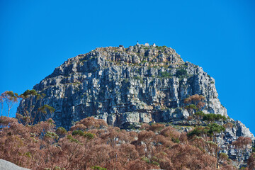 A big mountain with brown and green trees against a background of clear blue sky and copyspace. Huge rocky terrain perfect for hiking, rock climbing or scenic views of Cape Town rugged outdoors