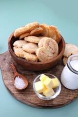 Palmiers cookie. Also known as elephant ear or Pig ear puff pastry cookies. classic French pastry. Sugar French Hearts. Copy space.