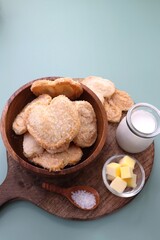 Palmiers cookie. Also known as elephant ear or Pig ear puff pastry cookies. classic French pastry. Sugar French Hearts. Copy space.