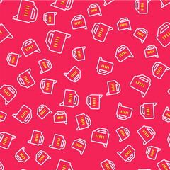 Line Measuring cup to measure dry and liquid food icon isolated seamless pattern on red background. Plastic graduated beaker with handle. Vector